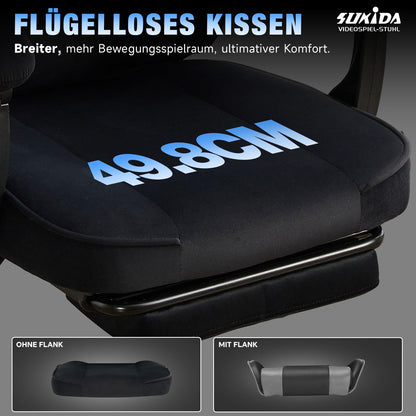 SUKIDA Gaming-Stuhl aus Stoff, ergonomisch, mit Fussstütze, schwarz