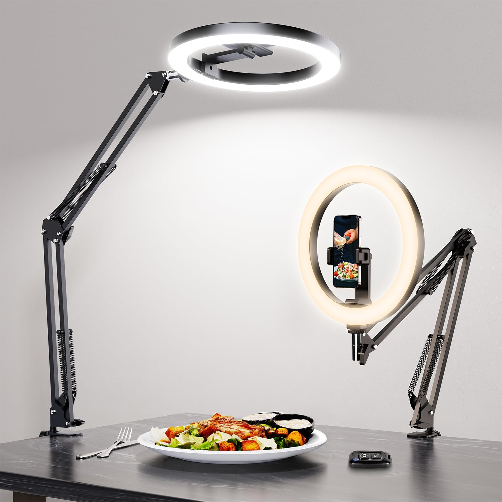 LUXSURE Ringlicht mit Stativ, Overhead Handyhalter für Food-Videos mit flexiblem Metallarm und C-Klemme