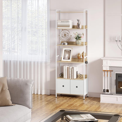 WOLTU Bücherregal mit 5 Ablagen, 2 Schubladen - Helle Eiche Weiss