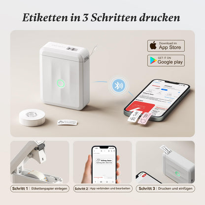 NIIMBOT D110 Bluetooth Etikettendrucker mit 3 Etikettenrollen, weiss