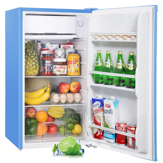 Upstreman 91L Mini-Kühlschrank mit Gefrierfach – Blau BR321. Blauer, kompakter Kühlschrank zum Kühlen und Gefrieren von Lebensmitteln.