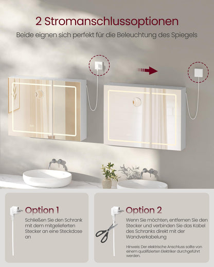 VASAGLE Kailyn Spiegelschrank mit LED-Beleuchtung, weiss, BBK134W01