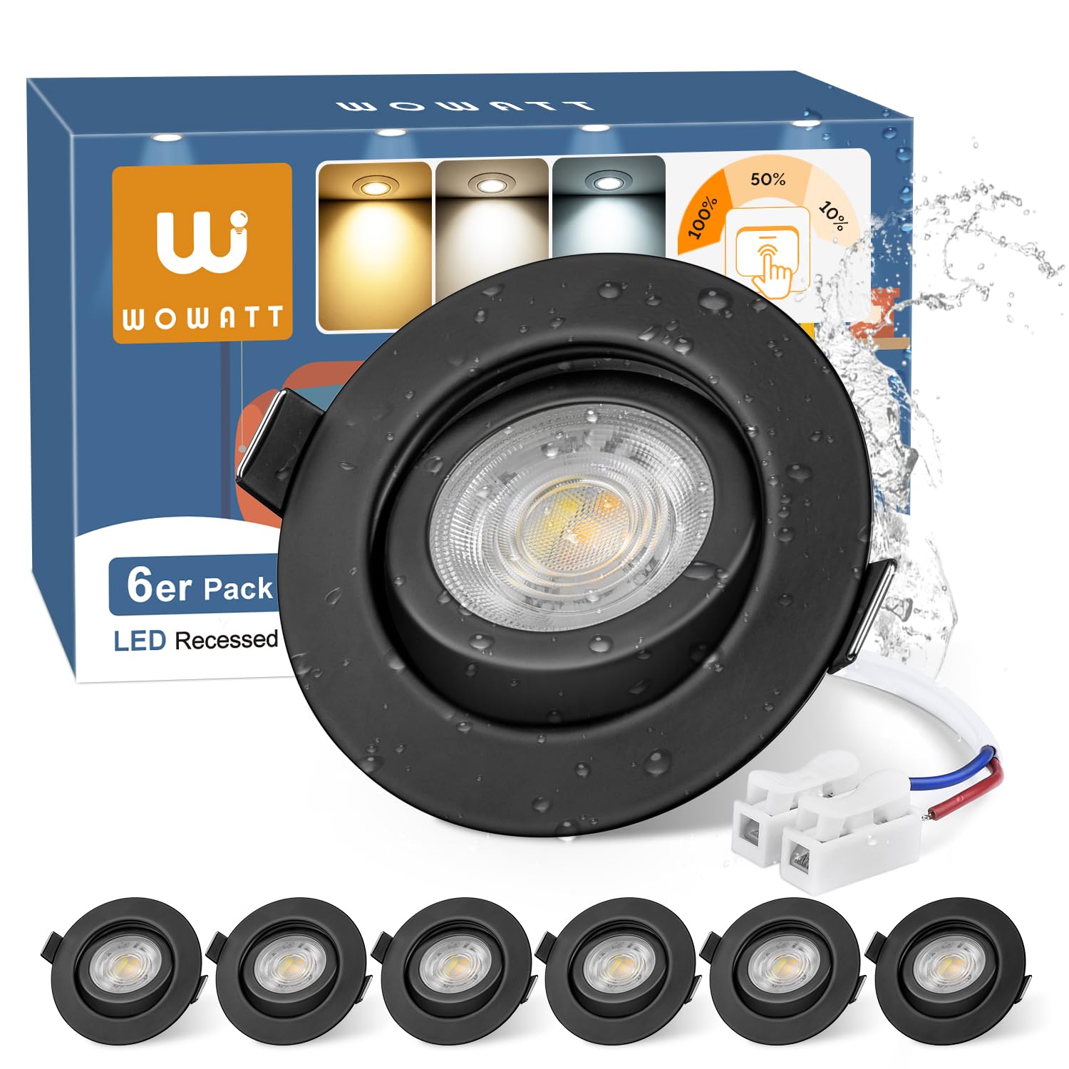 wowatt LED Einbaustrahler 6er Set, 230V, schwenkbar, dimmbar, schwarz, flacher Aluminiumrahmen
