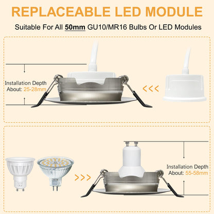 Aulaiyi LED Einbaustrahler 230V dimmbar IP44 schwenkbar Nickel 6er Set