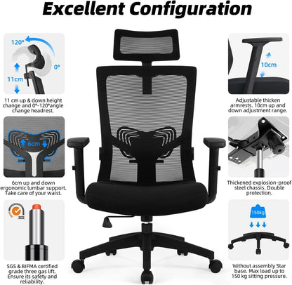 Daccormax Bürostuhl ergonomisch, Mesh-Drehstuhl mit Kopfstütze