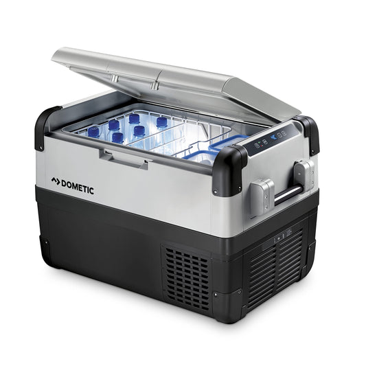 DOMETIC CFX 50 Kompressor-Kühlbox 46L 12/24/230V. Graue, rechteckige Box kühlt Inhalte per 12/24V DC/230V AC.