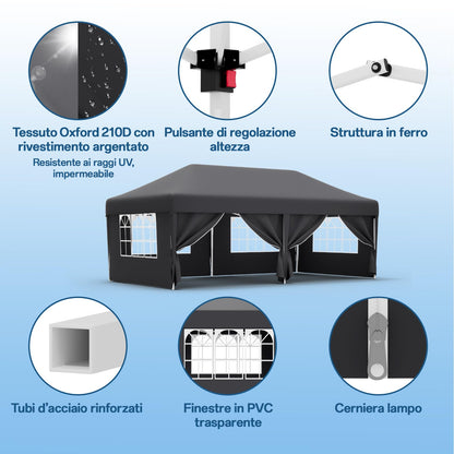 JUMMICO Faltpavillon 3x6m Partyzelt – Grau, 6 Seitenwände