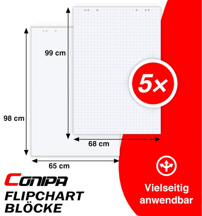Conipa Flipchartpapier 65x98 cm kariert, 80 g/qm, 5 Blöcke à 20 Blatt