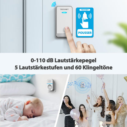TECKNET Kabellose Türklingel, batterielos, 3 Empfänger + 1 Sender