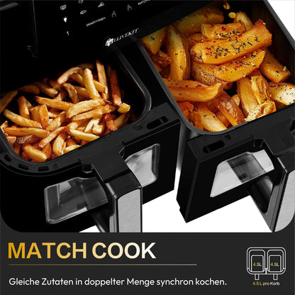 LLIVEKIT Heissluftfritteuse 9L Doppelkammer Airfryer mit Sichtfenster