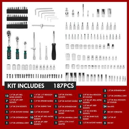 CCLIFE Steckschlüsselsatz 187-tlg. Cr-V Ratschenkoffer 72 Z. 1/2" 1/4" 3/8"