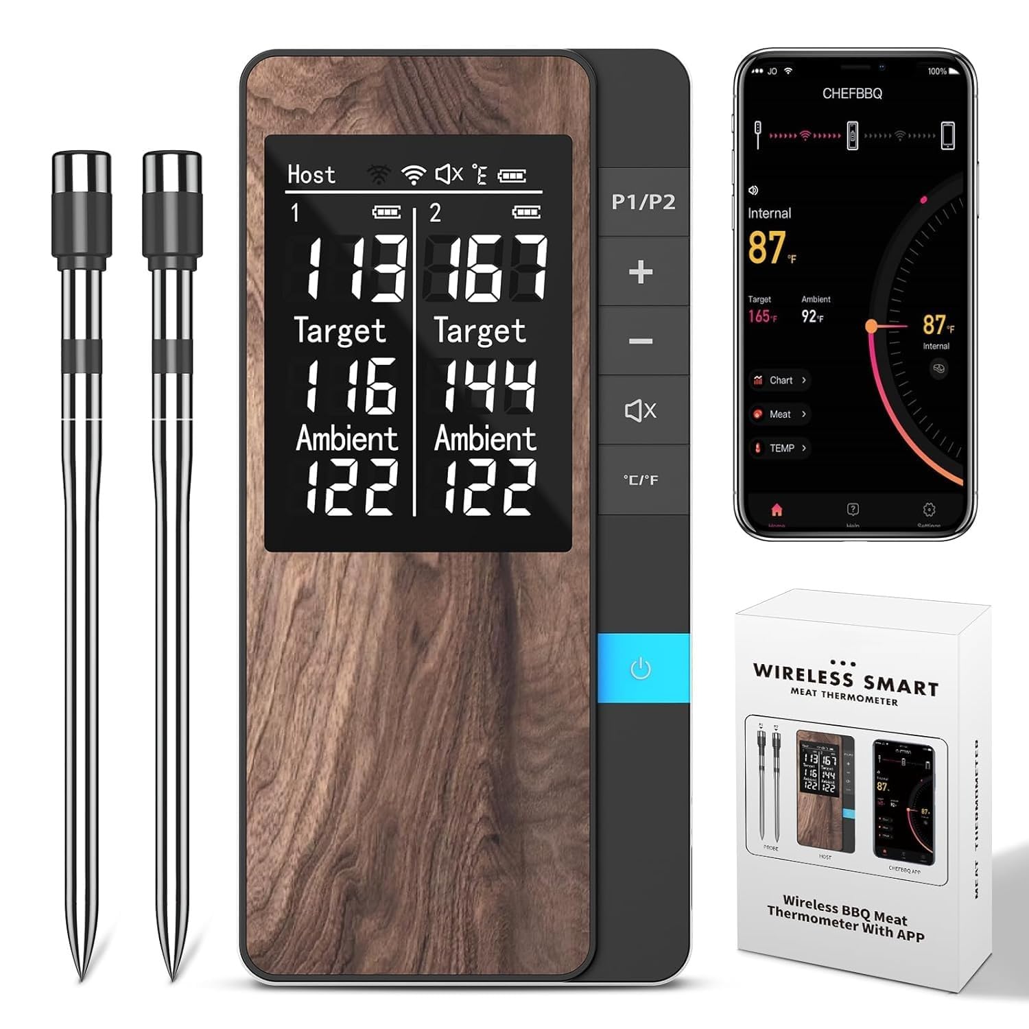 Pakinui Fleischthermometer kabellos, Bluetooth mit App und Doppelsonde, Edelstahlsonde