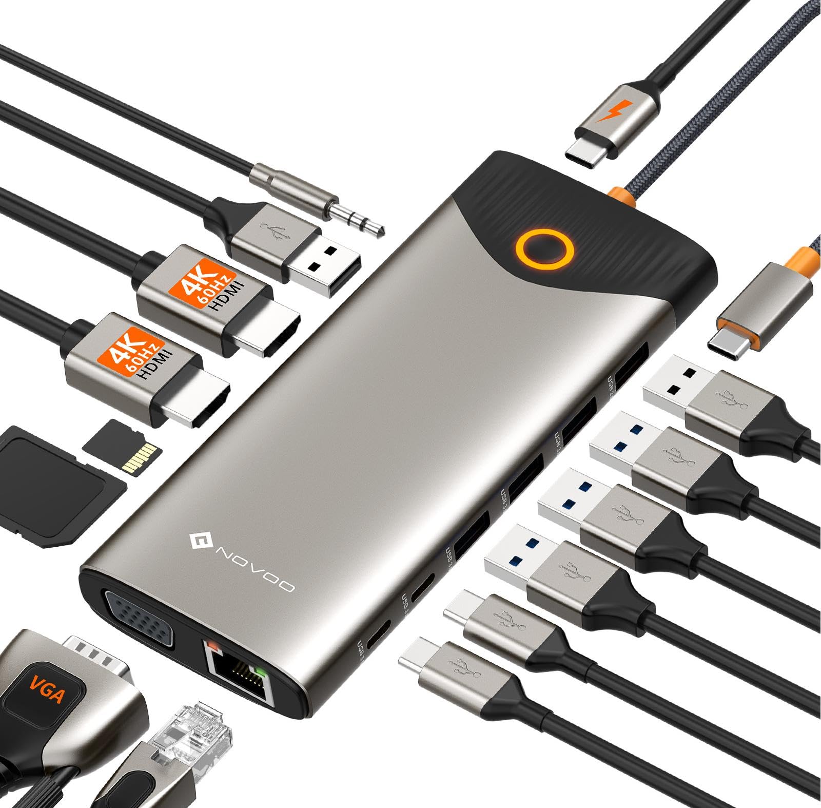 NOVOO USB C Dock 15-in-1 Triple Display Dual 4K HDMI 100W PD, rechteckig, silber. Erweitert Laptop.