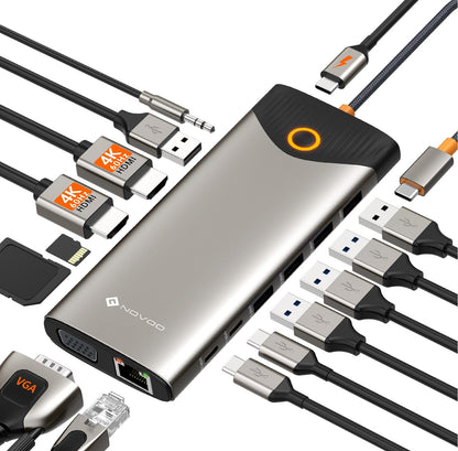 NOVOO USB C Dock 15-in-1 Triple Display Dual 4K HDMI 100W PD, rechteckig, silber. Erweitert Laptop.