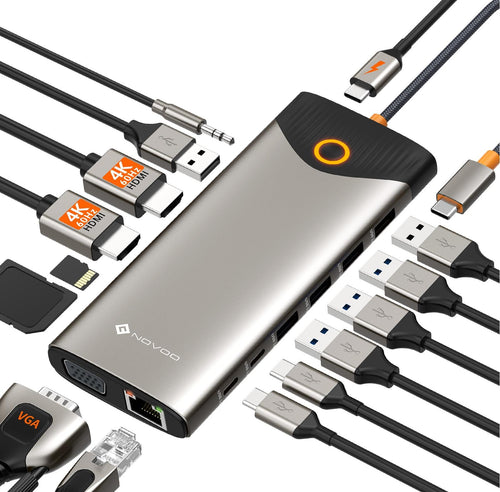 NOVOO USB C Dock 15-in-1 Triple Display Dual 4K HDMI 100W PD, rechteckig, silber. Erweitert Laptop.