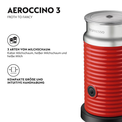 NESPRESSO Aeroccino3 Elektrischer Milchaufschäumer für Milchschaum - Rot