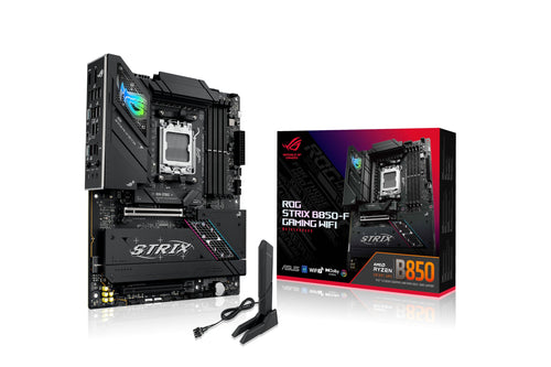 ASUS ROG Strix B850-F Gaming WiFi Mainboard - AMD AM5, rechteckige, dunkle Platine zum Aufbau eines Gaming-PCs.