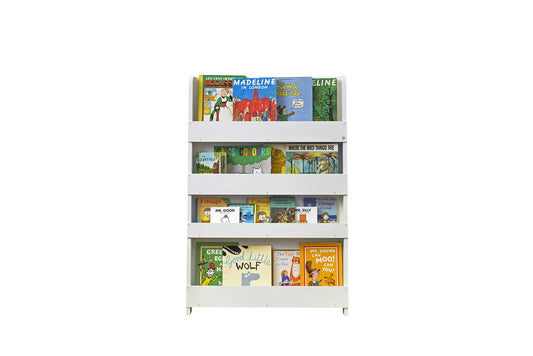Tidy Books Das Original Montessori Kinder Bücherregal Weiss, weißes Montessori-Regal mit Frontansicht, für selbstständiges Bücher-Heraussuchen.