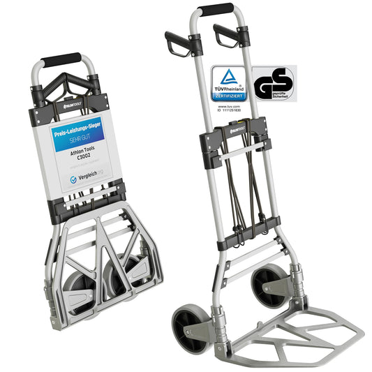 ATHLON TOOLS Schwerlast-Sackkarre klappbar 150kg Alu – Modell 2025. Silbergraue, aufgeklappte Sackkarre transportiert Kartons, Pakete.