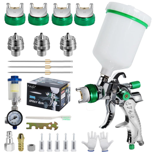 Potufa HVLP Lackierpistole Kit – 4 Düsen (1.4-2.5mm), Grün. Grüne HVLP-Pistole für präzisen Lackauftrag. Zerstäubt Beschichtungen mittels 4 Düsen für verschiedene Viskositäten.
