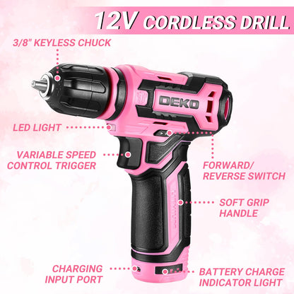 DEKO 238-teiliges Werkzeugset mit 12-V-Akku-Bohrmaschine, rosa