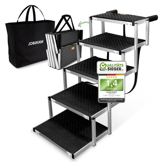 Hundetreppe Auto klappbar 65cm - 5 Stufen für grosse Hunde. Faltbare Hunderampe mit fünf Stufen erleichtert Hunden den Einstieg ins Auto.