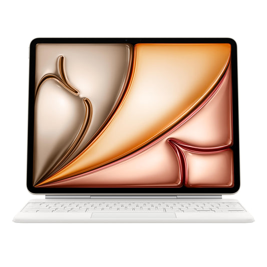 Apple Magic Keyboard Case 13" iPad Air M3 Deutsch Weiss. Weißes Klapp-Case mit QWERTZ-Tastatur, das ein iPad Air schützt und zur Texteingabe dient.
