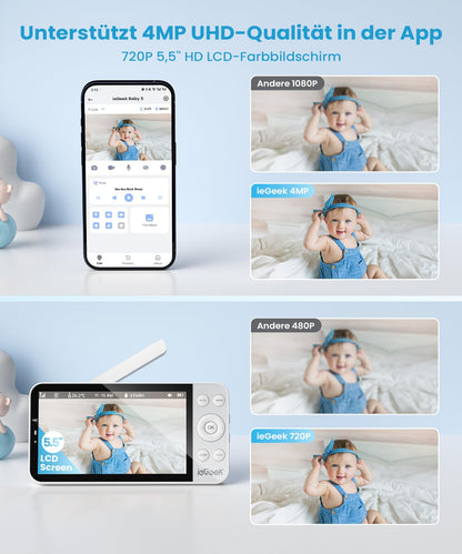 ieGeek Baby 5 Babyphone mit Kamera, 2,5K WLAN, 5,5 Zoll, PTZ 360°