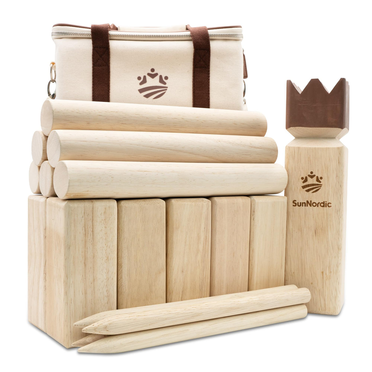 SunNordic Kubb Wikinger Wurfspiel aus Gummibaumholz mit Tragetasche aus Segeltuch für Rasen und Strand