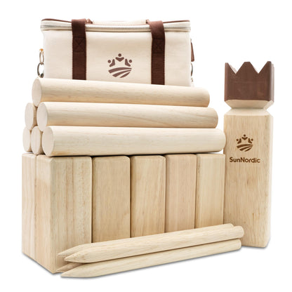 SunNordic Kubb Wikinger Wurfspiel aus Gummibaumholz mit Tragetasche aus Segeltuch für Rasen und Strand