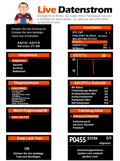ANCEL AD310 OBD2 Diagnosegerät, Fehlercodeleser für OBD-II Fahrzeuge