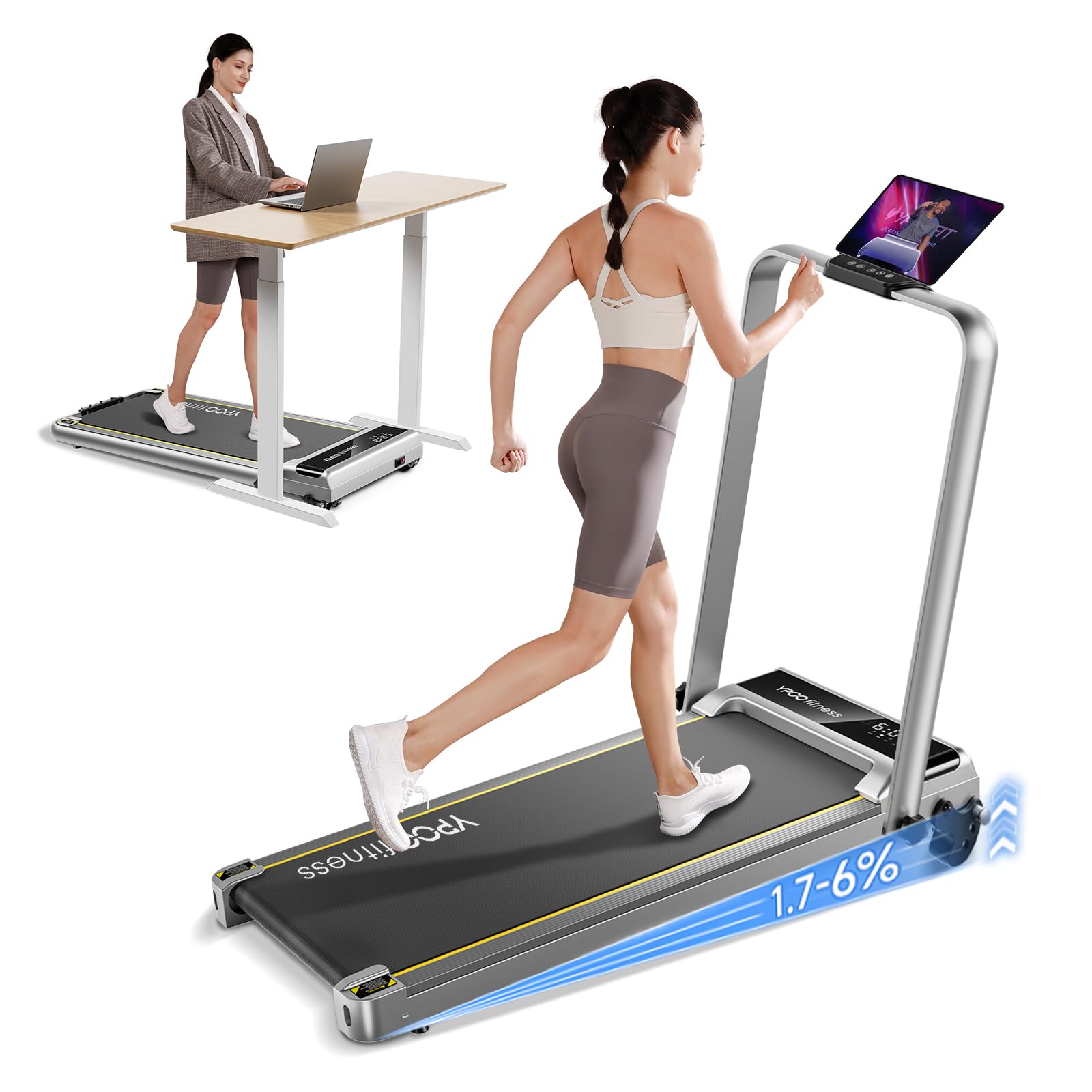 YPOO Laufband Walking Pad – klappbar mit Steigung für Zuhause und Büro. Rechteckiges, schwarzes Walking Pad zum Gehen und Joggen.