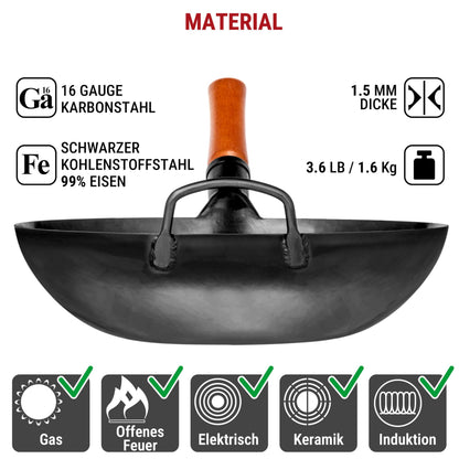 YOSUKATA Karbonstahl Wok 34 cm, flacher Boden, voreingebrannt