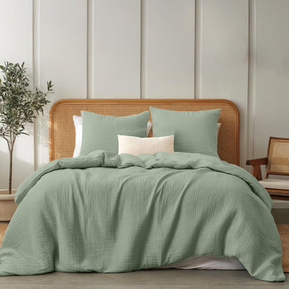 Dreamzie Musselin Baumwolle Bettwäsche Set – 220x240 cm Grün. Grünes Musselin-Baumwolle Bettwäscheset für komfortablen Schlaf.