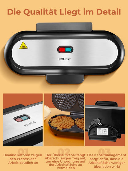 FOHERE Herzwaffeleisen King Size für 15 Herzwaffeln, Edelstahl