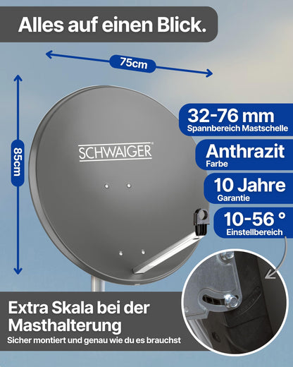 SCHWAIGER 80cm Stahl Offset Satellitenschüssel - Anthrazit Komplettset