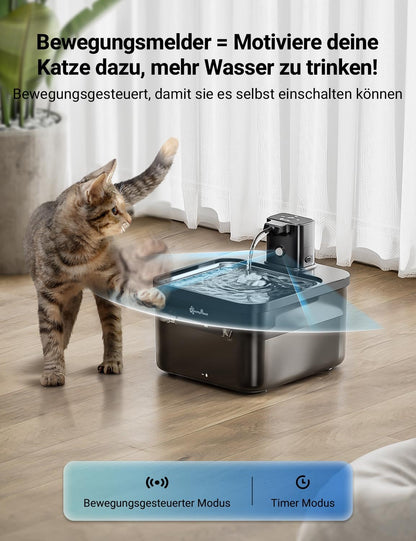 DownyPaws Trinkbrunnen für Katzen kabellos, 2,5 L, Edelstahl, schwarz