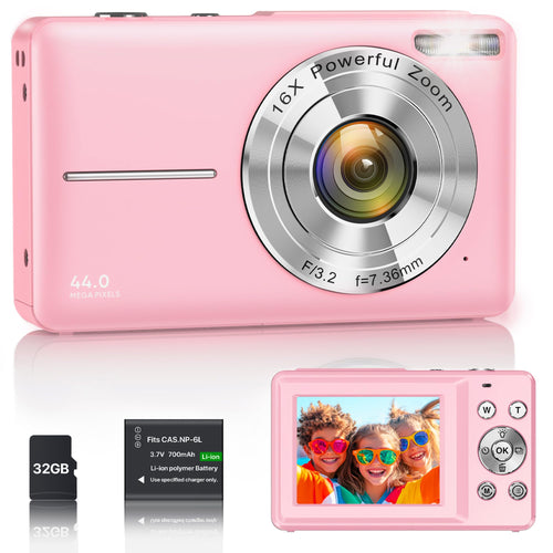 IXNAIQY Digitalkamera 44MP 1080P Kompaktkamera mit 16X Zoom rosa, kompakte Bauform mit 2,4-Zoll-LCD-Display