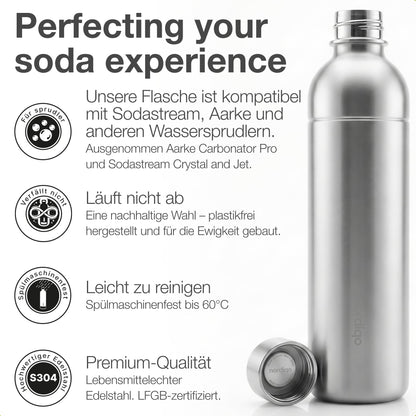 Nordiqo Edelstahl Sprudelflasche 1L für SodaStream & Aarke, 2er-Set