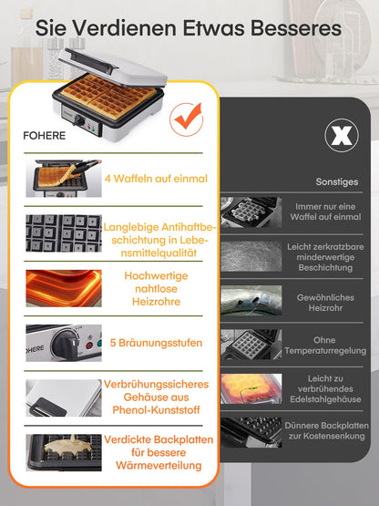FOHERE Waffeleisen 2030, 1200 Watt, 4 Waffeln, Antihaftbeschichtung
