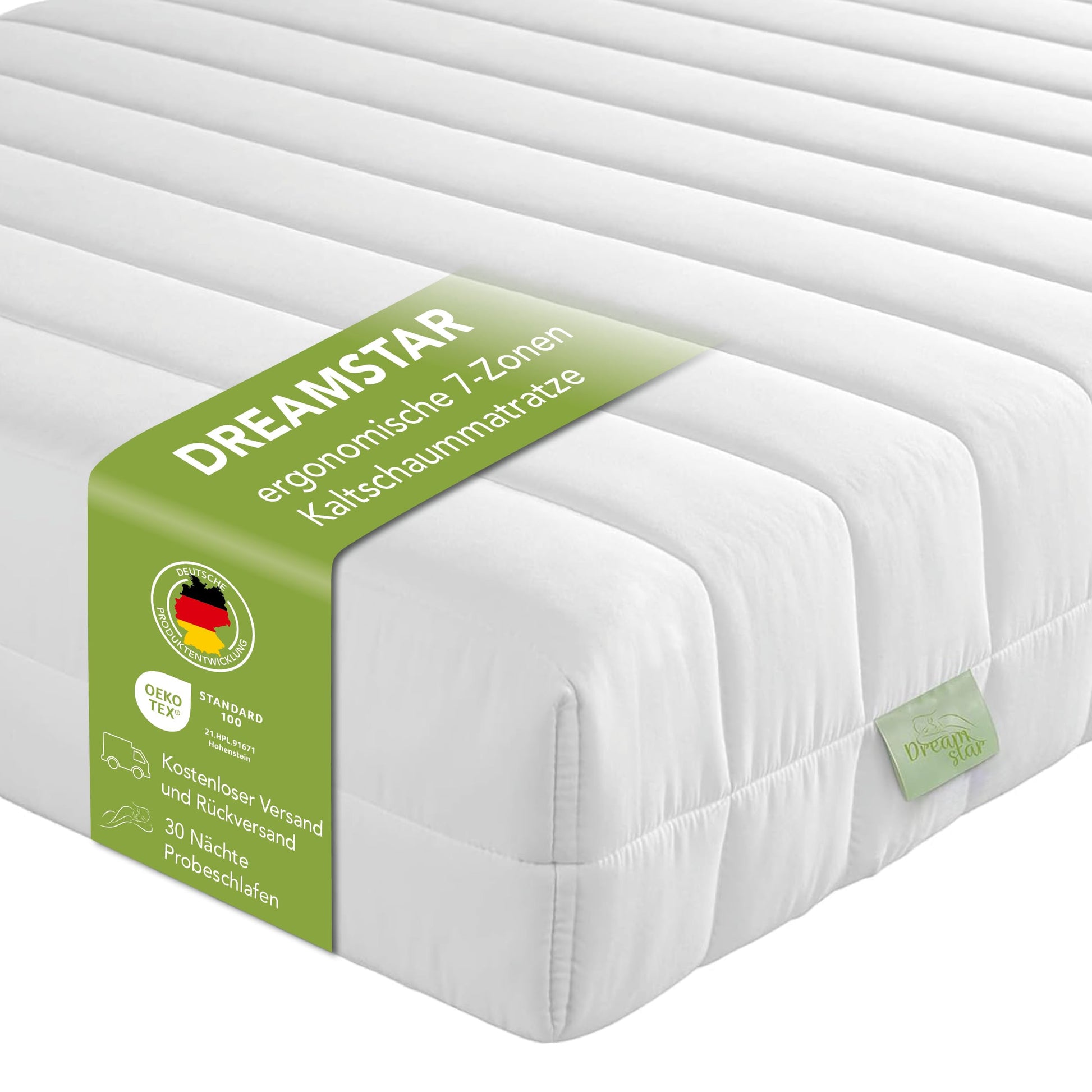 DREAMSTAR Easy Flex 7-Zonen Kaltschaummatratze H2/H3 – 140x200. Rechteckige Matratze mit weißem Bezug. Bietet ergonomischen Schlafkomfort durch 7-Zonen-Struktur.