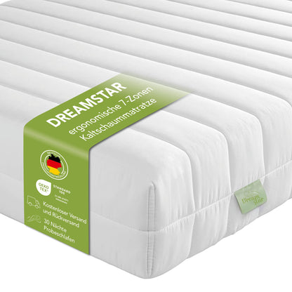 DREAMSTAR Easy Flex 7-Zonen Kaltschaummatratze H2/H3 – 140x200. Rechteckige Matratze mit weißem Bezug. Bietet ergonomischen Schlafkomfort durch 7-Zonen-Struktur.