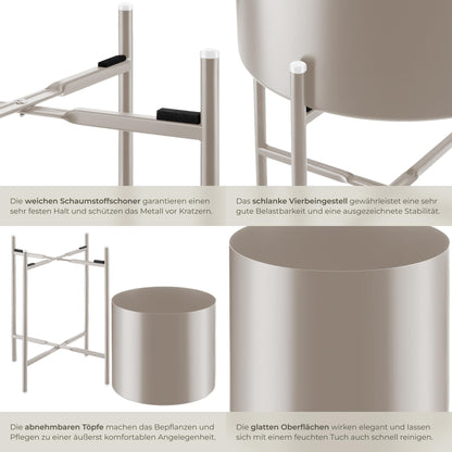 tectake Pflanzenständer 2er Set aus Metall mit Übertöpfen in taupe