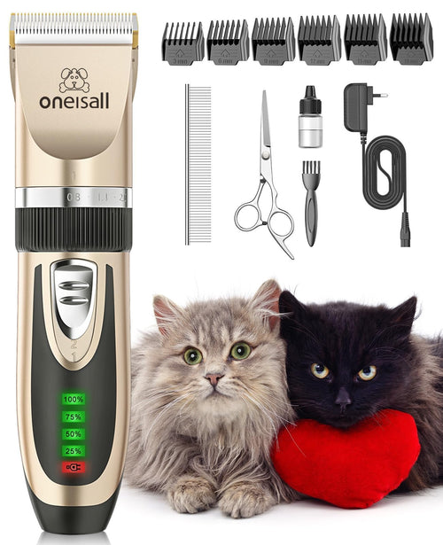 oneisall X2 Tierhaarschneidemaschine für Katzen und Hunde, Gold, mit LCD-Anzeige und sechs Aufsätzen