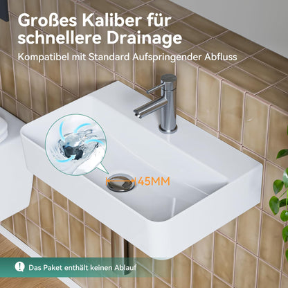 HOROW Rechteck Hängewaschbecken Keramik - Weiss 46x30cm ohne Überlauf