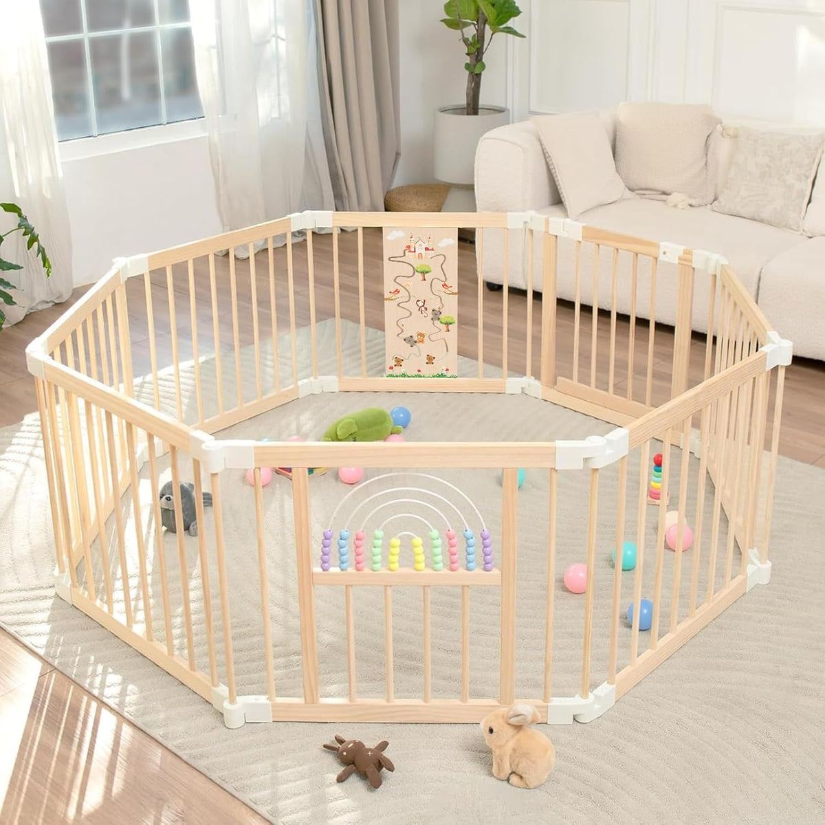 FUN KEKEKE Baby Laufstall aus Holz, faltbar, 146 x 146 x 61 cm – quadratische Form, mit abschliessbarer Türe