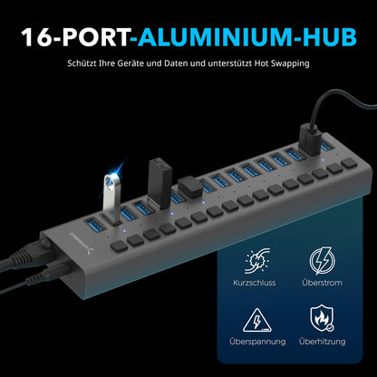SABRENT 16-Port USB 3.2 Hub aktiv mit 90W Netzteil (HB-PU16)