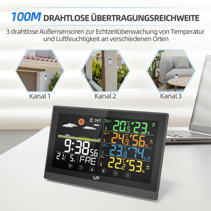 LFF Funk Wetterstation Innen Aussen mit Sensoren - Farbdisplay Atomuhr