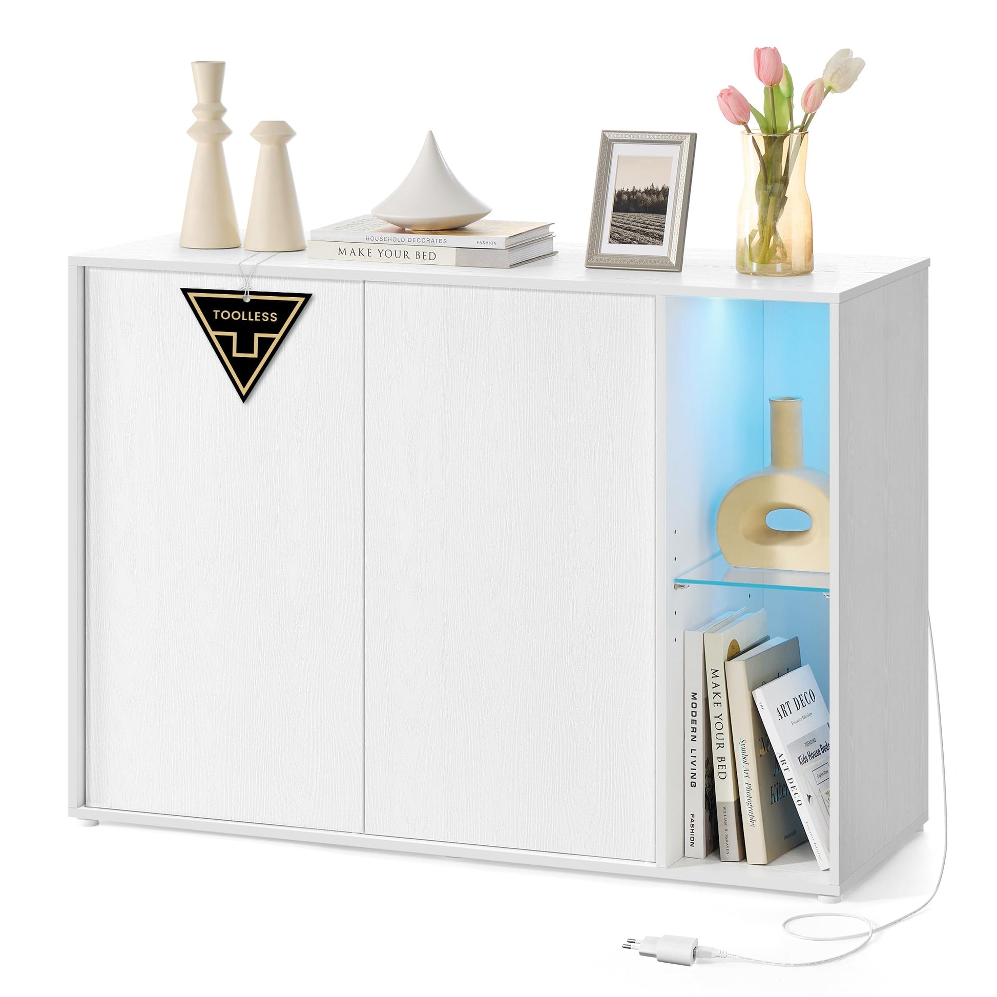 SONGMICS HOME Sideboard BBK372W01 – Schneeweiss mit Licht, werkzeuglos. Rechteckiger Unterschrank für Stauraum.