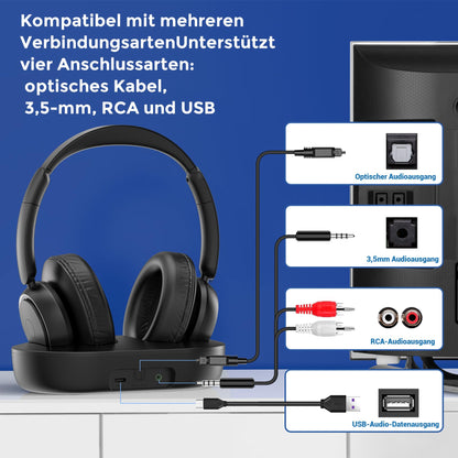 ZUPVIY Kabellose TV-Kopfhörer für Senioren – Hohe Lautstärke, Kein Audio-Verzögerung (Plug & Play) – Kompatibel mit Optisch/AUX/RCA/USB – Inkl. Senioren-Ladestation, Schwarz